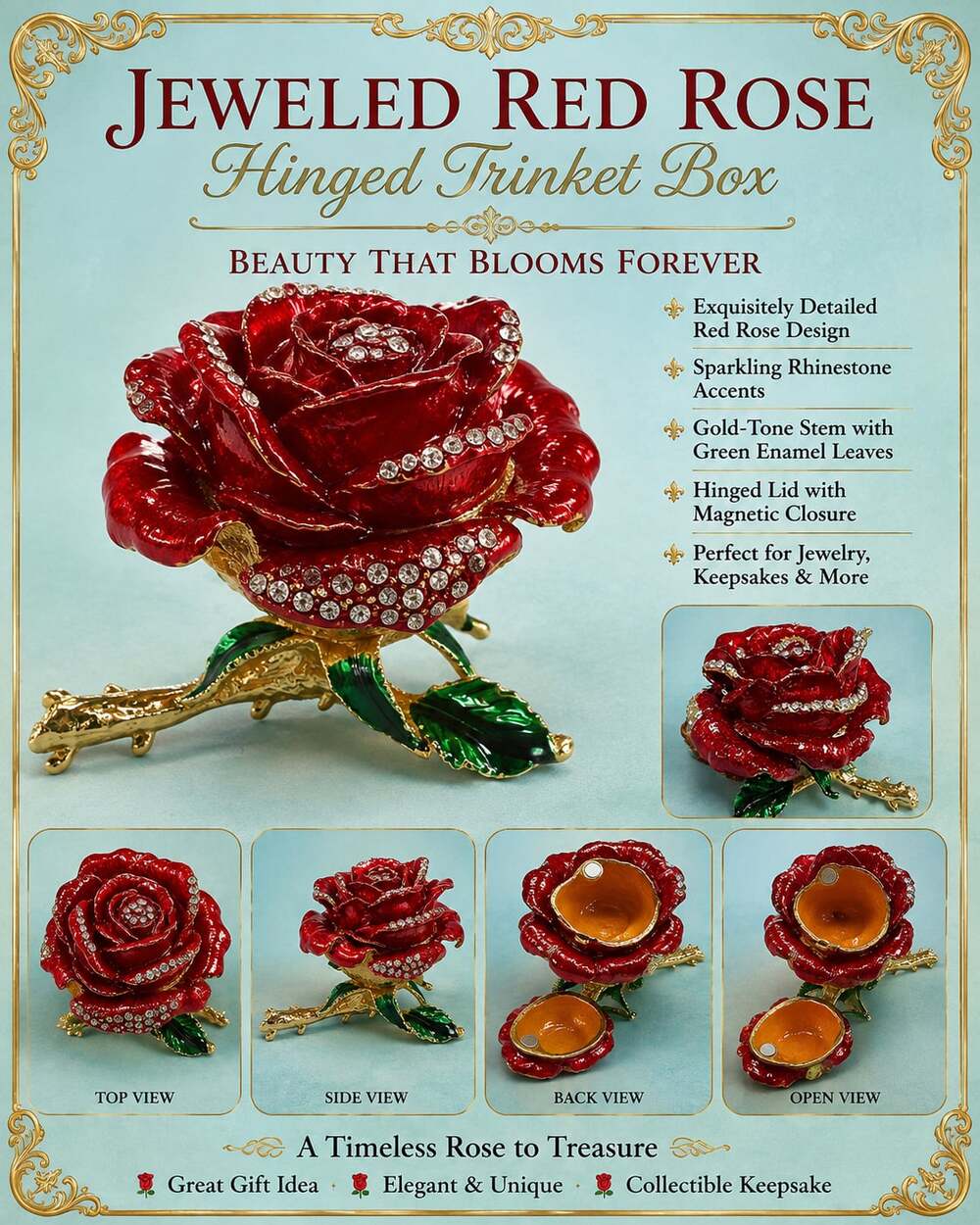 QIFU Red Rose Enameled Hinged Jewelry Trinket Box with Rhinestones